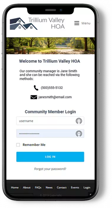 Cell phone with a responsive HOA website loaded onto it built by HOA web.